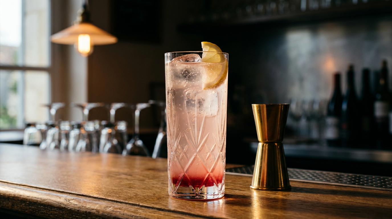 La Jacqueline, cocktail au vin blanc, limonade et grenadine, rose pâle dans un verre haut à facettes sur le comptoir de chêne d'un café