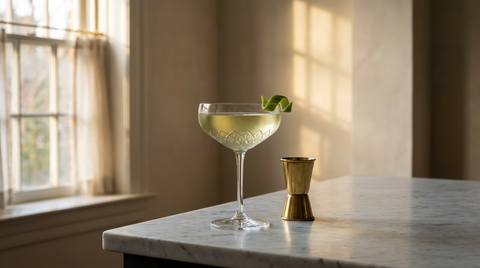 Última Palabra en coupe de cristal sur un comptoir de marbre près d'une fenêtre à petits carreaux, robe vert pâle, zeste de citron vert