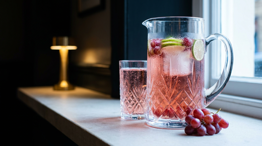 Grand pichet de cristal rempli d'un cocktail sans alcool clair, rondelles de citron vert et raisins, sur un appui de fenêtre en pierre