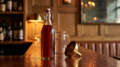 Bouteille à bouchon mécanique remplie d'un cocktail ambré, entonnoir de laiton et verre doseur sur un comptoir de cuivre