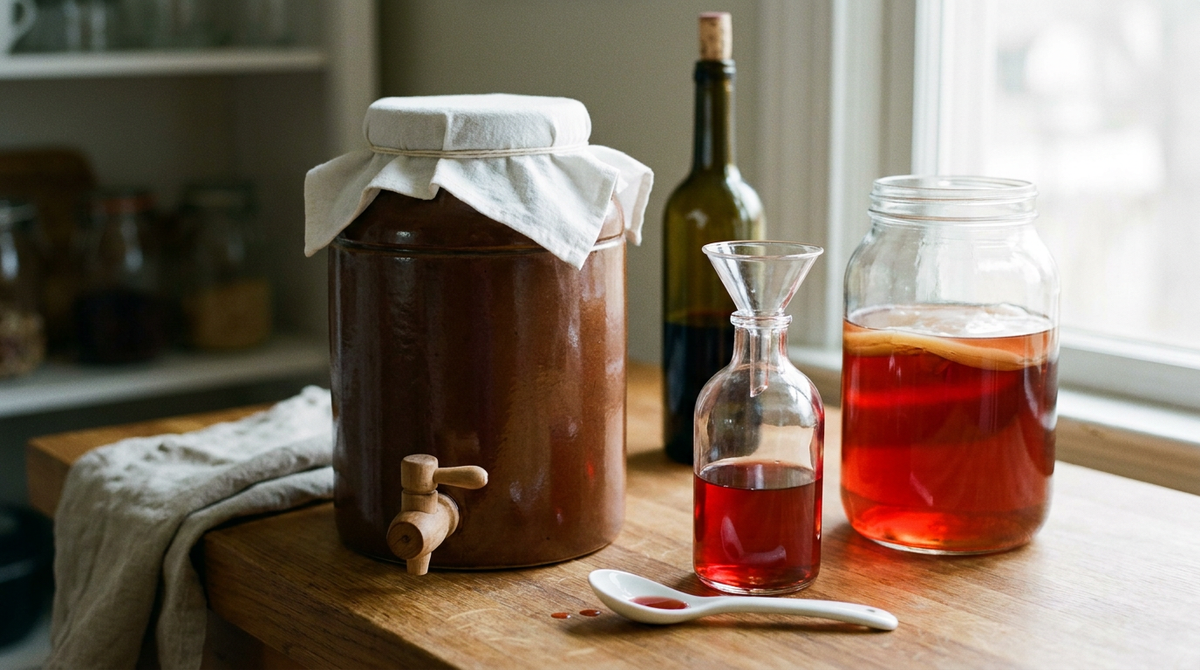Vinaigrier en grès émaillé à robinet de bois couvert d'un linge, bocal de verre de vinaigre de vin rouge grenat avec sa mère gélatineuse en surface, bouteille et entonnoir, cuillère, plan de travail en chêne