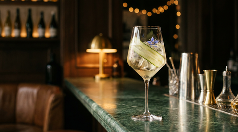 Rhine wine cup dans un grand verre à vin, ruban de concombre et fleur bleue, sur un comptoir de bar en marbre vert