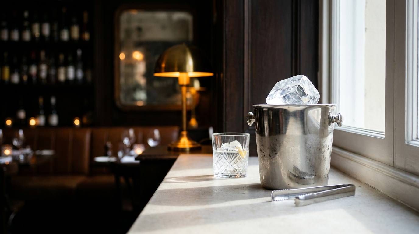 Seau à glace en argent contenant un bloc de glace translucide, pince et verre bas