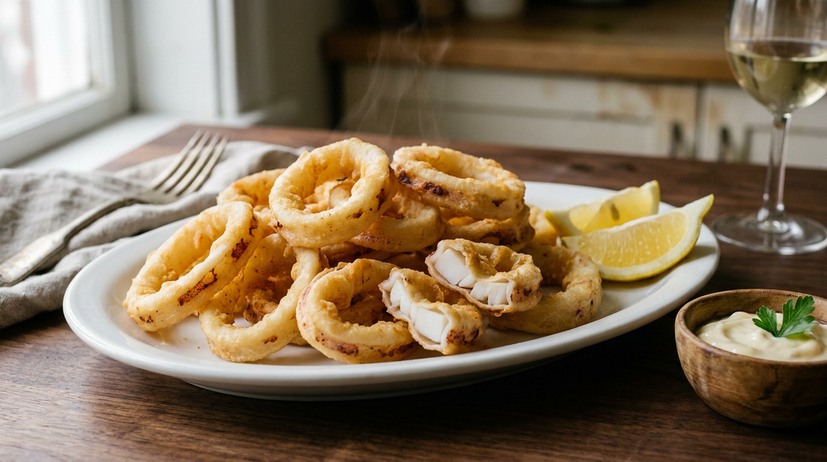 Anneaux de calamars frits dorés empilés sur une assiette ovale blanche, croûte fine, deux anneaux ouverts laissant voir la chair blanche, quartiers de citron, coupelle en bois d'aïoli, persil, table en noyer et serviette de lin