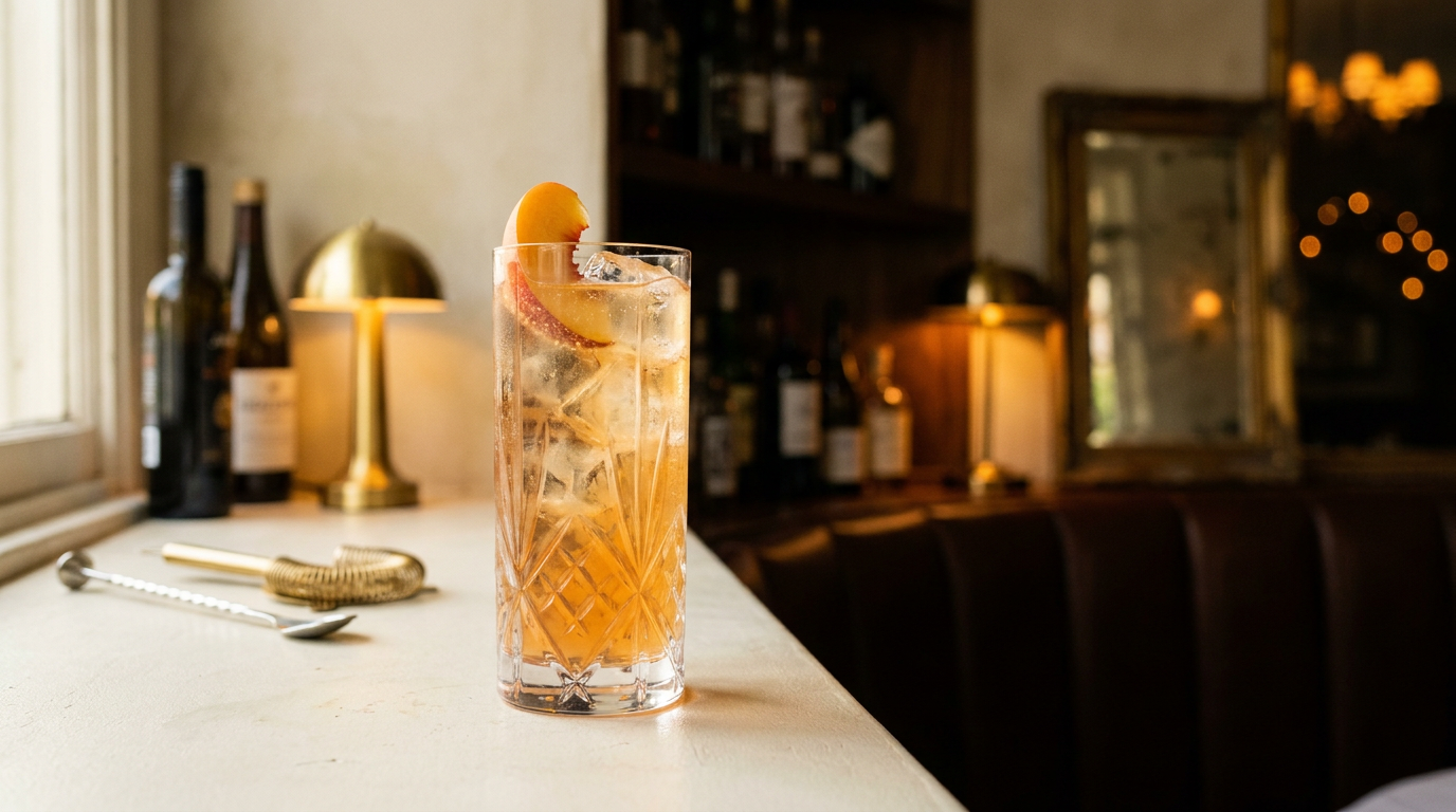 Shrub à la pêche allongé dans un grand verre, tranche de pêche fraîche, rebord de plâtre chaulé gris clair
