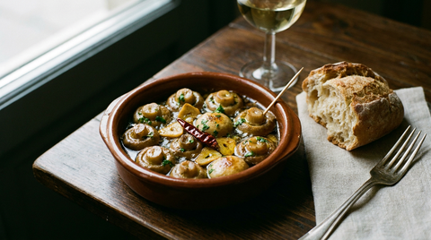 Cazuela en terre cuite brune remplie de champignons de Paris dorés dans une huile d'olive frémissante, lamelles d'ail blond et piment rouge séché, persil haché, pique en bois, pain de campagne rompu à la main