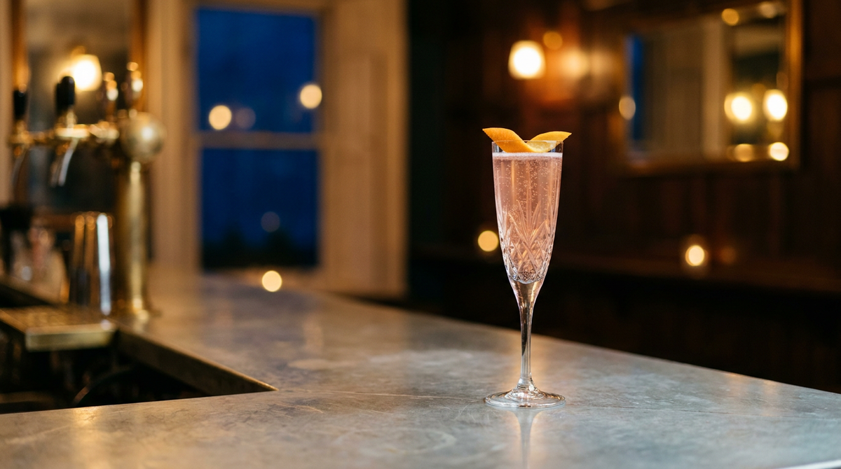 Flûte en cristal d'un cocktail pétillant rose pâle à la cranberry, zeste d'orange sur le bord, sur un comptoir de zinc, bokeh doré et bleu de minuit à la fenêtre