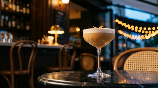 Cocktail à la crème de châtaigne en coupe de cristal, mousse ivoire et zeste d'orange, sur une table de bistrot au crépuscule