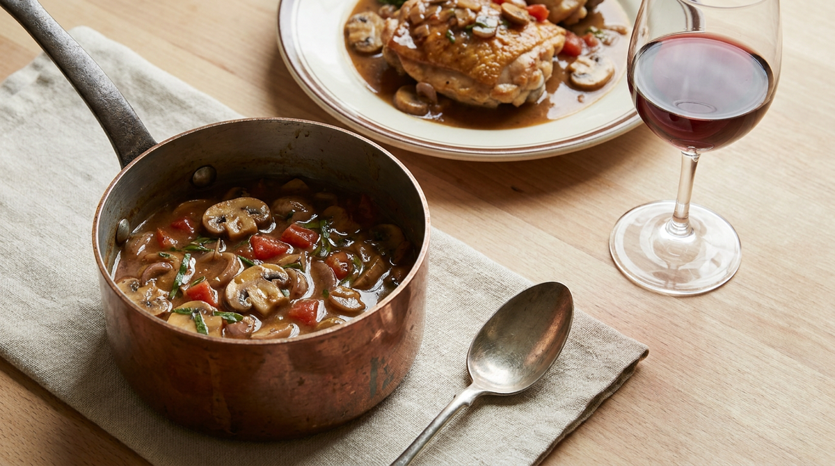 Petite casserole en cuivre de sauce chasseur brune aux champignons, échalote, tomate et estragon, cuisse de poulet sautée nappée, verre de vin rouge, plan de travail en bois