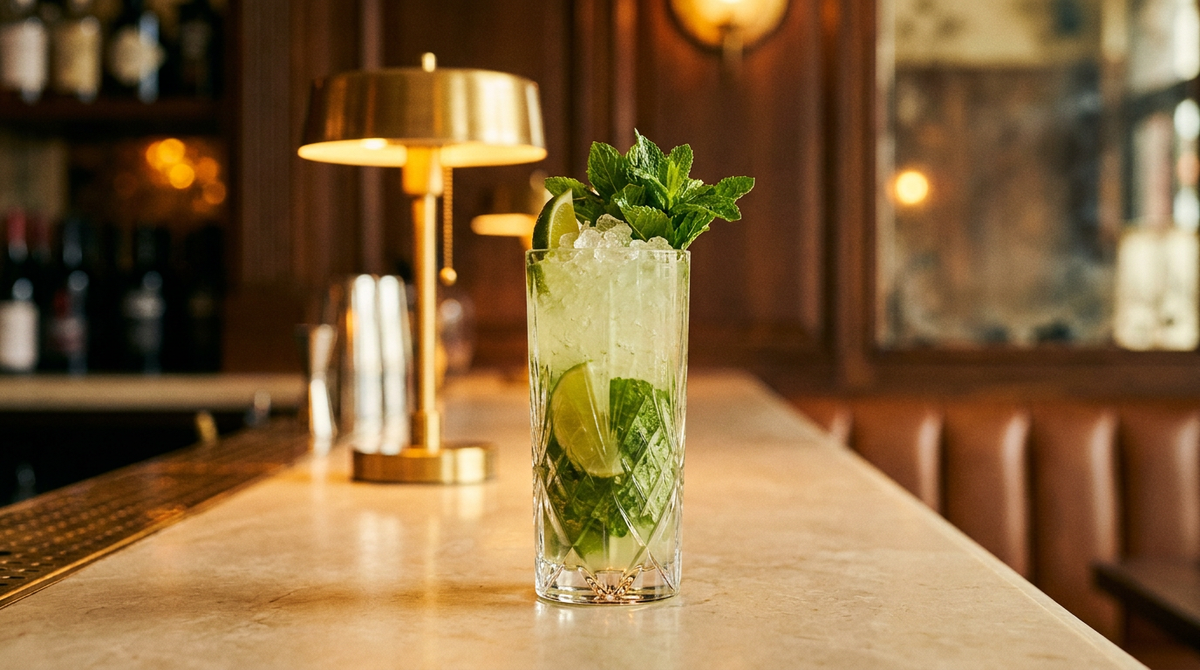 Mojito sans alcool sur glace pilée, bouquet de menthe et quartiers de citron vert, comptoir de calcaire crème