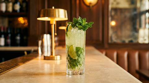 Mojito sans alcool sur glace pilée, bouquet de menthe et quartiers de citron vert, comptoir de calcaire crème
