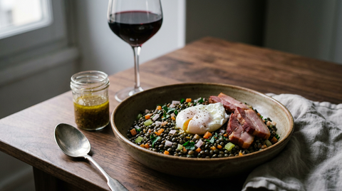 Grand bol en céramique de lentilles vertes du Puy entières et brillantes de vinaigrette, dés de carotte et céleri, persil, œuf poché et tranches de lard fumé, bocal de vinaigrette, cuillère ancienne, verre de vin rouge à pied