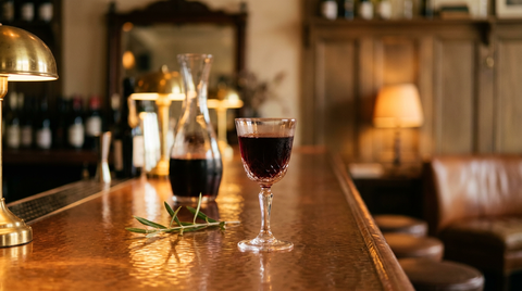 Petit verre à pied de vin d'épine rouge grenat, carafe du même vin derrière et jeune pousse de prunellier posée à plat, sur un comptoir de cuivre martelé dans un bar chic