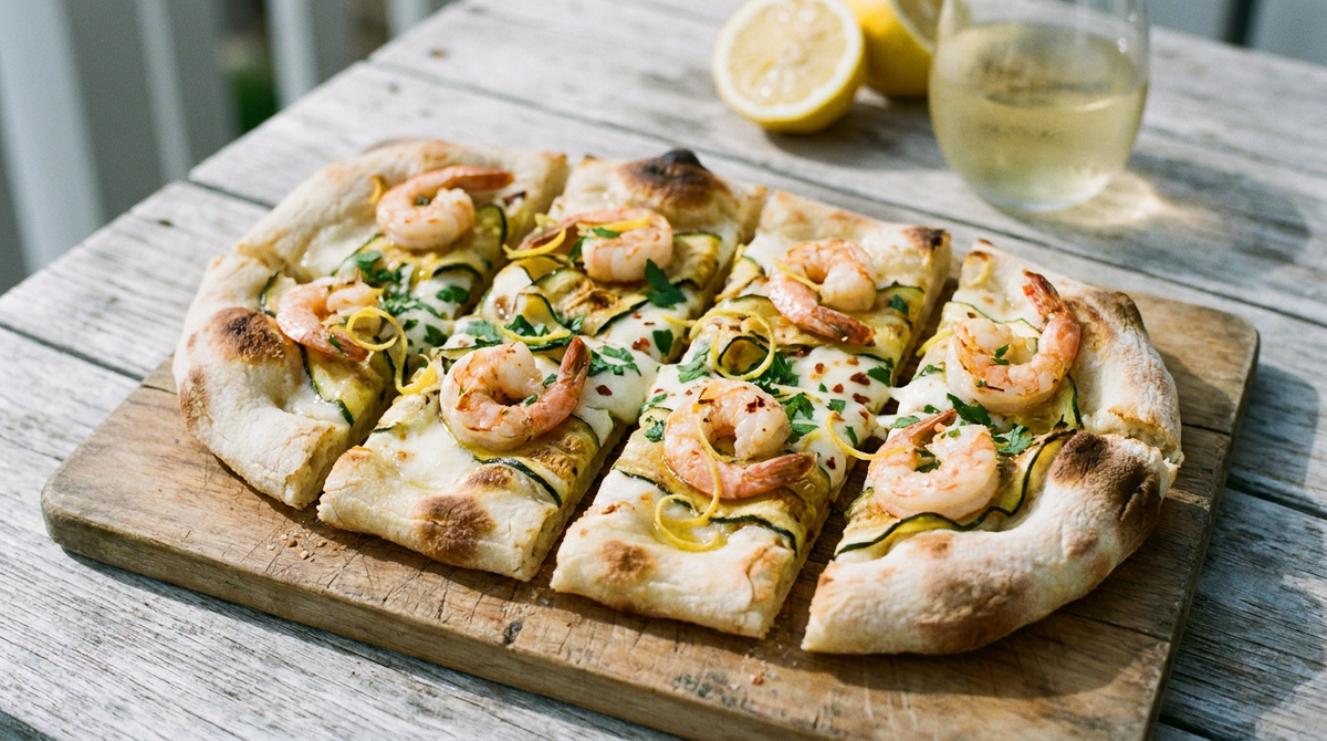 Pinsa aux crevettes ovale sur une planche en bois, blanche, crevettes roses dorées, rubans de courgette, zeste de citron, persil, mozzarella fondue, bords soufflés et tachés, table de terrasse d'été, lumière de mer
