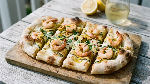 Pinsa aux crevettes ovale sur une planche en bois, blanche, crevettes roses dorées, rubans de courgette, zeste de citron, persil, mozzarella fondue, bords soufflés et tachés, table de terrasse d'été, lumière de mer