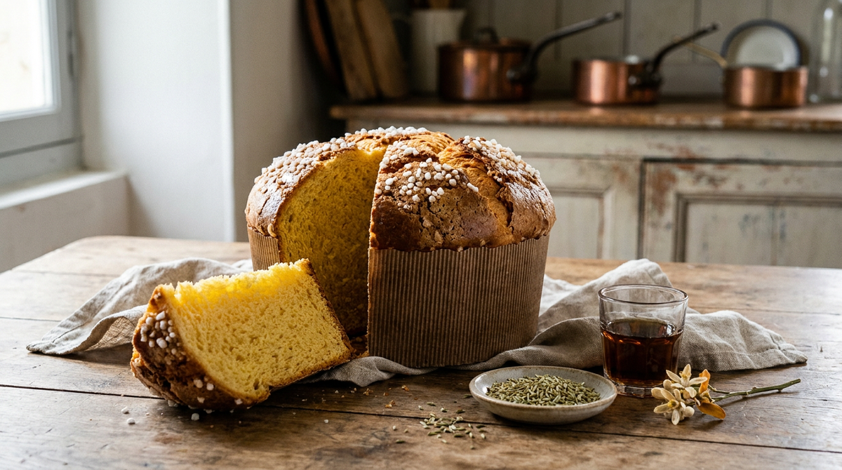 Pastis landais, brioche haute et dorée à la croûte craquelée sucrée, dans son moule en papier plissé, une part coupée montrant une mie jaune et serrée, graines d'anis et rhum à côté, table de bois ancien, lumière chaude