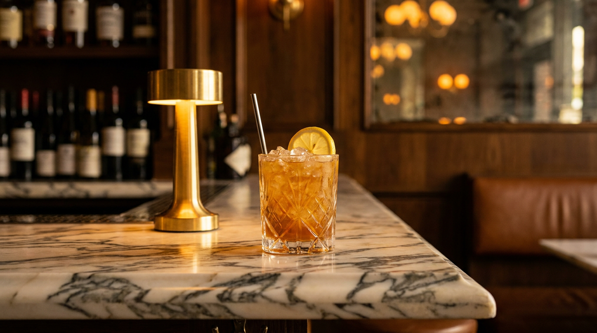 Whiskey Fix ambré sur dôme de glace pilée, rondelle de citron plantée dans la glace et paille, comptoir de marbre Arabescato
