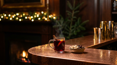 Mug en verre de vin chaud nordique rouge fumant, coupelle d'amandes et de raisins secs à côté, sur un comptoir de cuivre martelé, guirlande lumineuse et feu au fond