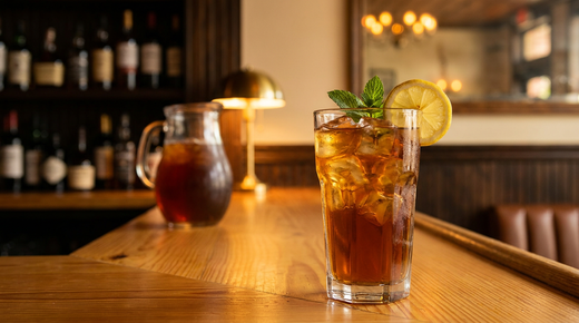 Sweet tea ambré et limpide dans un grand verre à glaçons, rondelle de citron et menthe, pichet derrière, comptoir de pin
