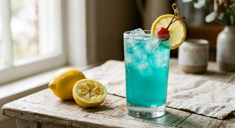 Grand verre de glaçons rempli d'un cocktail bleu turquoise translucide, rondelle de citron et cerise confite sur le bord, citrons pressés sur une table en bois clair