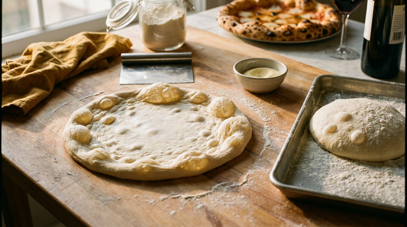 Pâte à pizza étirée à la main sur un plan fariné, bord épais plein de grosses bulles, pâton levé à côté