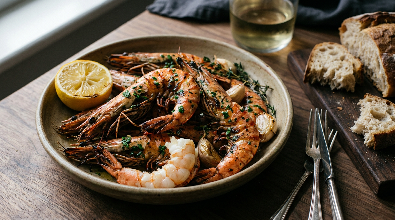 Gambas à l'ail et au persil cuites à l'air fryer, dans un plat en céramique avec du pain et du citron