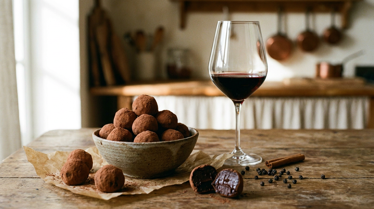 Truffes au chocolat irrégulières roulées dans le cacao, dans une coupelle en grès, l'une coupée montrant une ganache sombre et fondante, verre à vin à pied de rouge grenat derrière, grains de poivre et cannelle, table de bois ancien