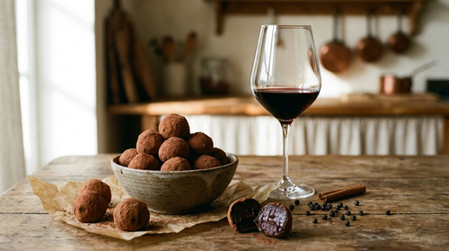 Truffes au chocolat et au vin rouge : la recette de la ganache au vin, roulée dans le cacao