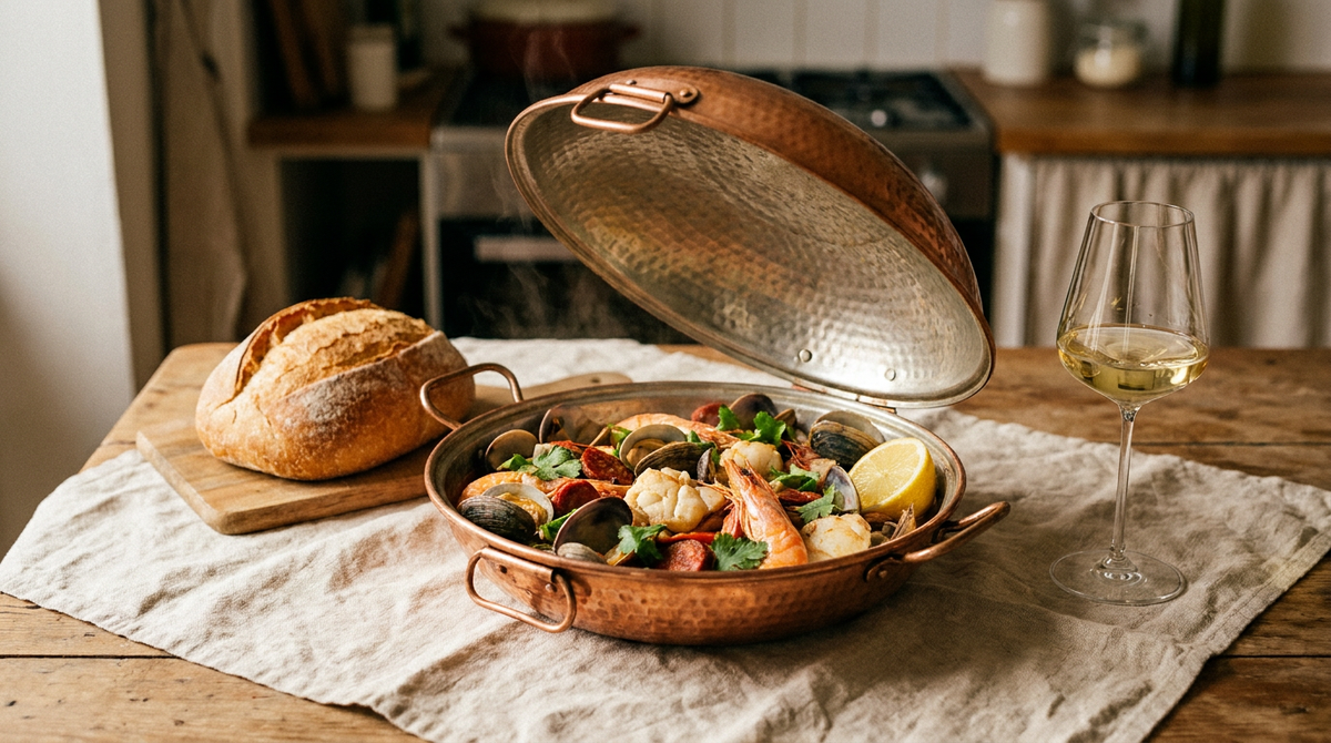 Cataplana de cuivre ouverte, palourdes, crevettes, lotte et chorizo à la tomate, pain et verre de vin blanc à pied