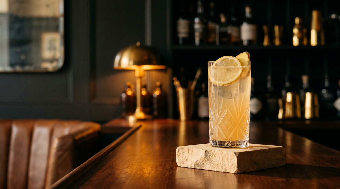 Kombucha gingembre citron dans un grand verre, rondelle de citron et gingembre frais, bloc de grès clair