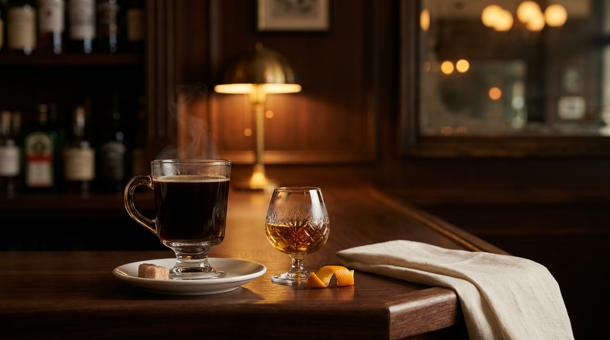 Verre à pied de café noir fumant sur sa soucoupe avec un morceau de sucre, petit verre d'armagnac ambré et zeste d'orange à côté, sur un comptoir de noyer sombre