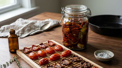 Bocal à étrier de tomates séchées à l'huile d'olive avec laurier et ail, claie de bois devant portant des demi-tomates à trois stades de séchage, flacon de vinaigre et bol de gros sel