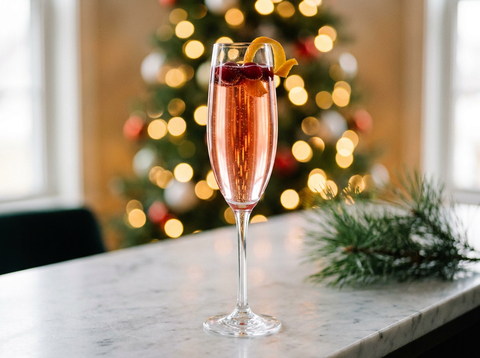 Cocktail Poinsettia rouge rubis dans une flûte, ambiance de Noël