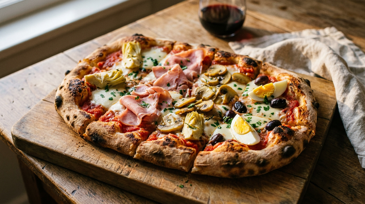 Pinsa capricciosa ovale sur une planche en bois, tomate, mozzarella, jambon blanc, quartiers d'artichauts, champignons dorés, olives noires, un demi-œuf dur, bords soufflés et tachés, table de famille, lumière chaude
