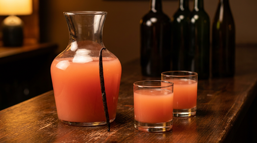 Grande carafe de verre remplie d'un punch rose saumon opaque, deux verres bas remplis devant, gousse de vanille posée contre la carafe, comptoir de bois ciré sombre