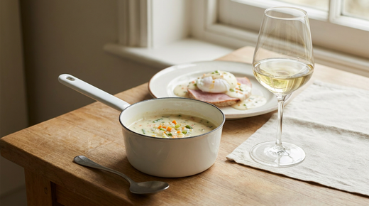 Petite casserole en émail de sauce écossaise crémeuse à la brunoise de légumes, œuf poché sur jambon nappé, verre de vin blanc, plan de travail en bois
