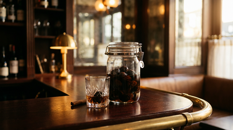 Bocal de pruneaux gonflés dans un armagnac ambré et petit verre de dégustation devant, bâton de cannelle posé, sur un comptoir d'acajou ciré à barre de laiton