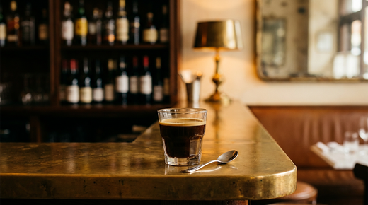 Carajillo dans un petit verre, espresso sombre surmonté d'une fine couche ambrée, cuillère d'argent, comptoir de laiton