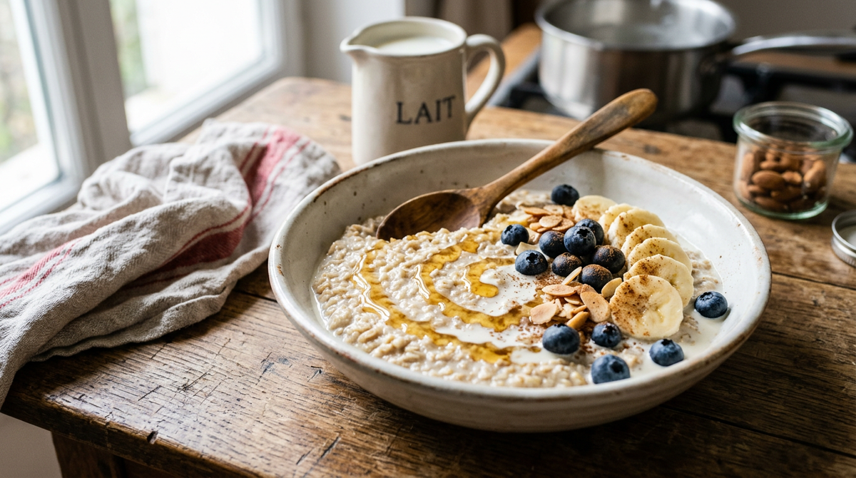Bol de porridge crémeux au miel avec rondelles de banane, myrtilles et amandes effilées