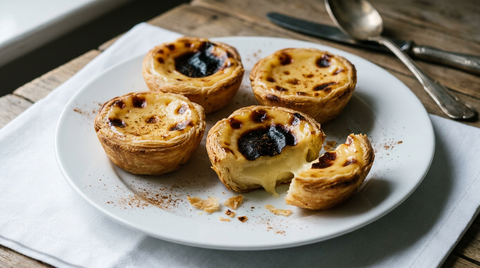 Pastéis de nata sur une assiette, dessus de crème constellé de cloques noires caramélisées, pâte feuilletée en spirale