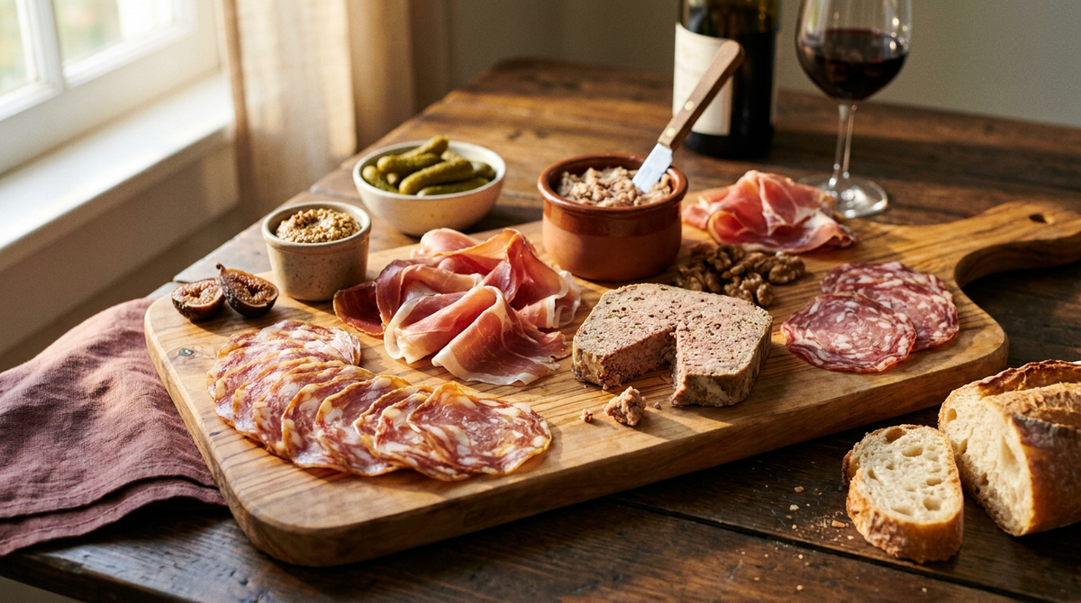 Plateau de charcuterie sur une planche en bois, saucisson au gras translucide, jambon sec, pâté de campagne, rillettes, cornichons et pain