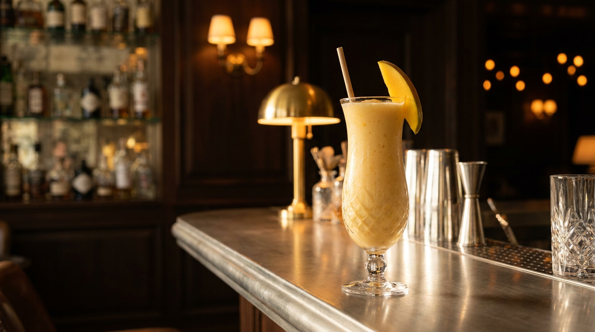 Virgin piña colada à la mangue dans un grand verre, quartier de mangue, station de bar en inox