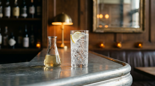 Sirop tonic maison doré dans un flacon, zestes de pamplemousse et racine de gentiane, plan de travail en inox brossé
