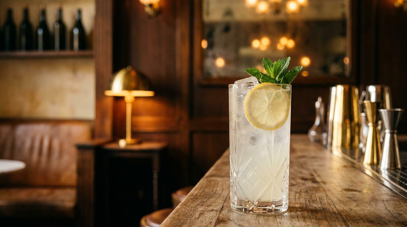 Limonade maison dans un grand verre, rondelle de citron et menthe, table de jardin en teck