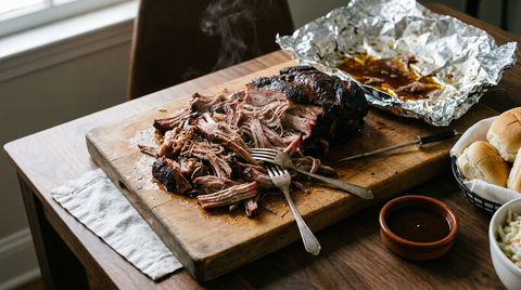 Pulled pork américain effiloché à la fourchette sur une planche en bois, épaule de porc à croûte noire fumante, thermomètre à sonde et petits pains à côté