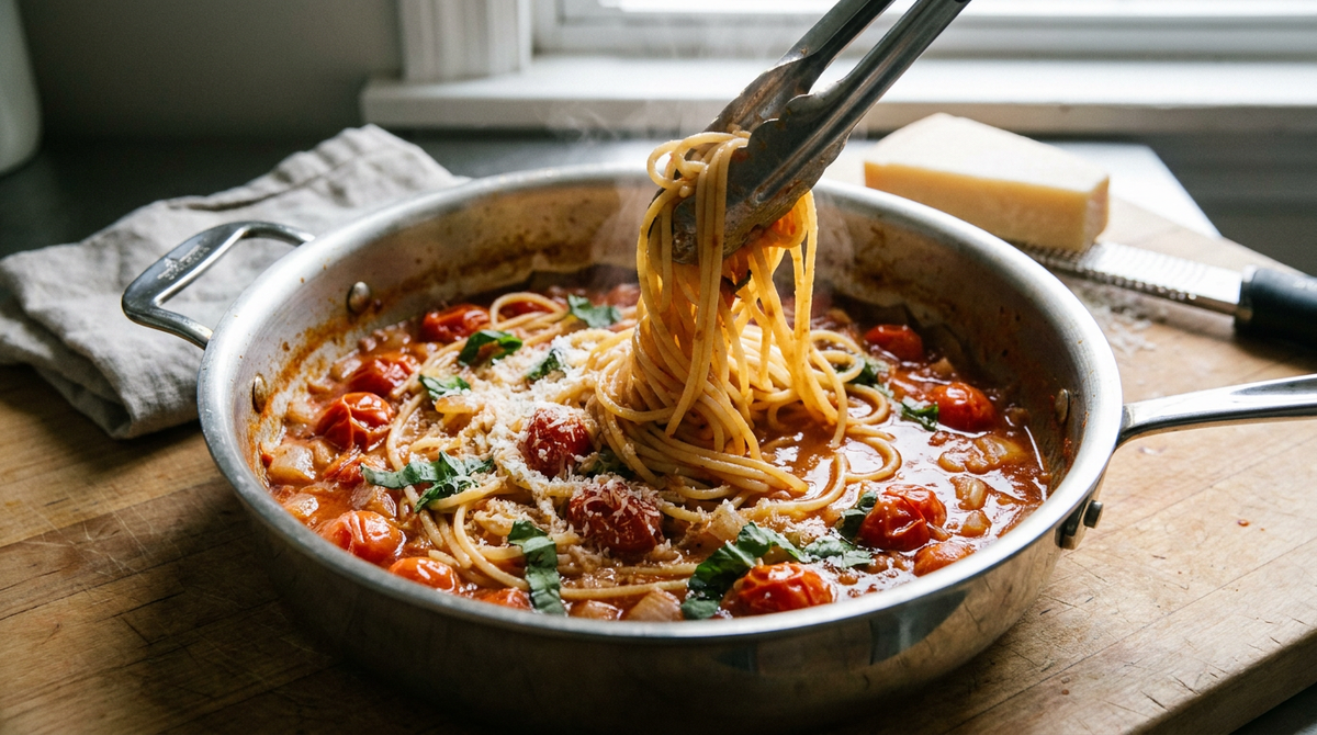 Grande sauteuse en inox de one pot pasta, spaghetti enrobés d'une sauce tomate crémeuse, tomates cerises éclatées, feuilles de basilic, parmesan râpé, pince à pâtes, plan de travail en bois