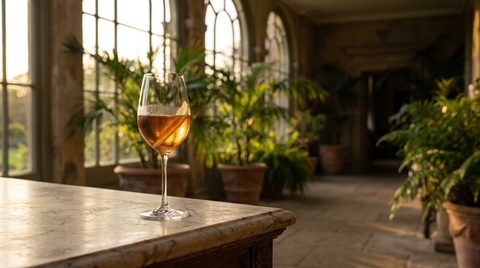Vin de coing maison servi très frais en verre à vin de cristal, robe ambre doré, sur la console de marbre d'une véranda de maison de maître