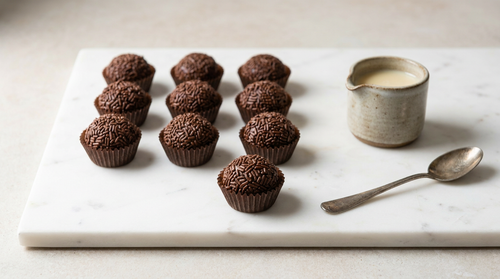 Brigadeiros : lait concentré sucré, cacao et beurre cuits jusqu'au point où la spatule découvre le fond de la casserole, refroidis, roulés aux mains beurrées