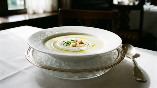 Vichyssoise glacée dans une assiette creuse posée sur glace pilée, velouté ivoire, filet d'huile, ciboulette et croutons, bol perlé de condensation