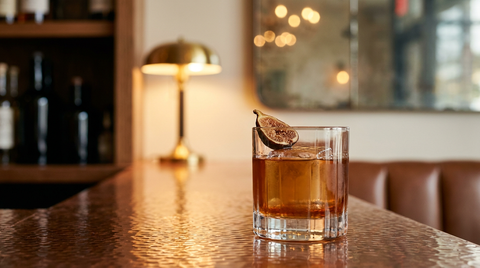 Cocktail à la figue sèche dans un verre épais, glaçon unique, comptoir de cuivre martelé